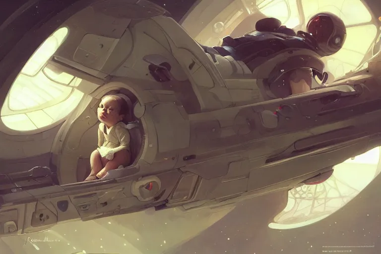 Image similar to A baby in a spaceship highly detailed, digital painting, artstation, the space background,concept art, sharp focus, illustration, art by Krenz Cushart and Artem Demura and alphonse mucha