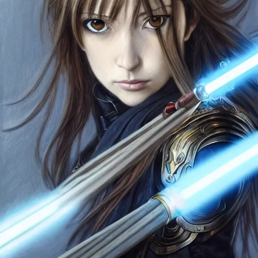 Image similar to Masterpiece head and shoulders portrait of a female Kazuto Kirigaya Kirito, young woman with blonbrown long hair and bangs and wearing a long black coat breast-armor showing through, holding a light saber, face, fantasy, intricate, elegant, highly detailed drawn by Donato Giancola and Fernanda Suarez and Artem Demura, face by Artgerm and Edmund Leighton, Alphonse Mucha, background by James Jean and Gustav Klimt, 4k, porcelain skin, komorebi, french nouveau, trending on pixiv, octane render, hyperrealistic