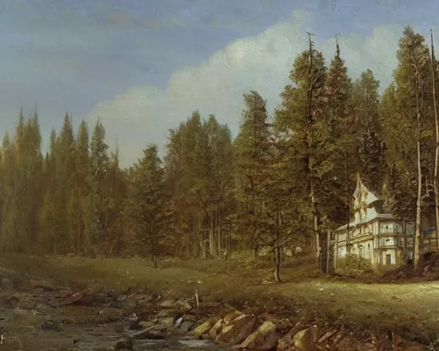 Prompt: beautiful matte painting of cute soviet block of flats hrushevka in end of forest by ivan shishkin,