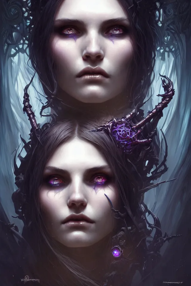 Image similar to Necromancer Sorceress face close-up macro in center, fantasy magic, undercut hairstyle, dark light night, intricate, elegant, sharp focus, illustration, highly detailed, digital painting, concept art, matte, art by WLOP and Artgerm and Greg Rutkowski and Alphonse Mucha, masterpiece