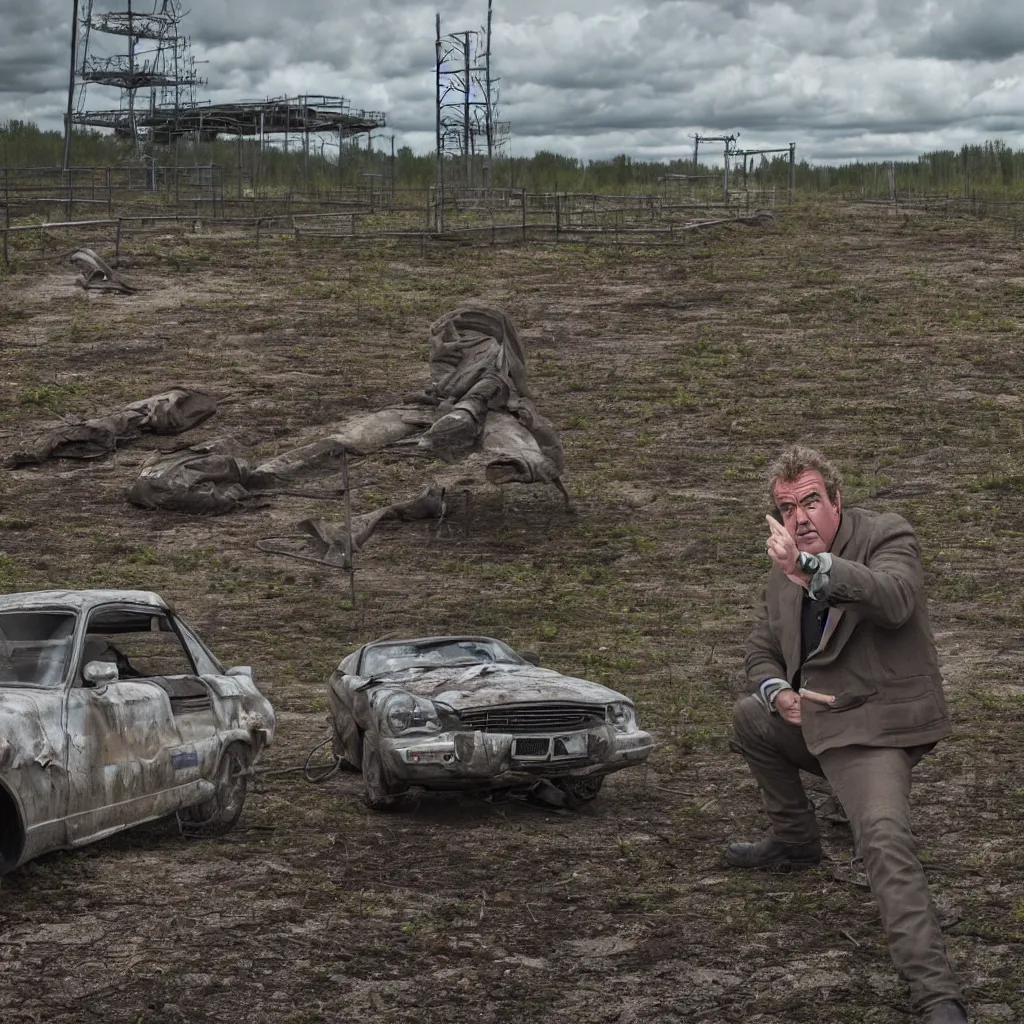 Image similar to top gear, jeremy clarkson, drifting in chernobyl zone, very detailed, 4 k, professional photography