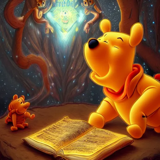 Image similar to Winnie the Pooh summoning demons with the necronomicon, cosmic horror, highly detailed, digital painting, artstation, concept art, sharp focus, illustration,