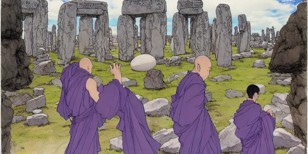 Image similar to a hyperrealist anime watercolor fantasy concept art of a giant monk with a big forehead and a grey robe swaying in stonehenge. in the background several immense stones are floating in the air. by rebecca guay, michael kaluta, charles vess