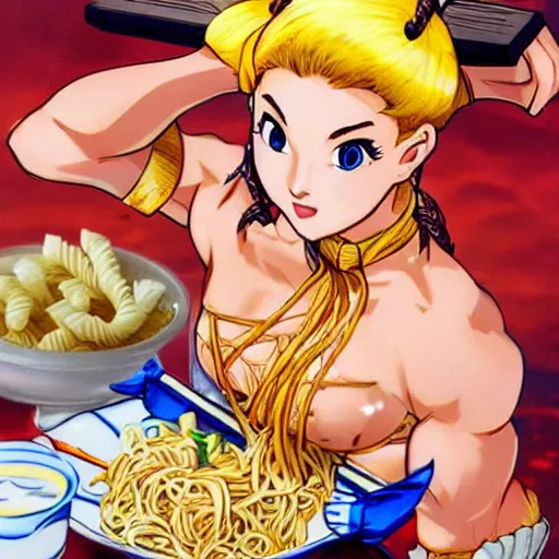 Image similar to chun li eating pasta