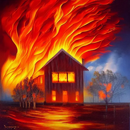 Image similar to Beautiful surreal oil painting of a burning old red house, the flames turn into flying flower petals, by Sergei Aparin,