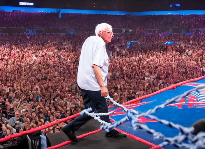 Prompt: photo still of bernie sanders in the ring at wrestlemania 3 6!!!!!!!! at age 7 8 years old 7 8 years of age!!!!!!! with a t - shirt gun, 8 k, 8 5 mm f 1. 8, studio lighting, rim light, right side key light