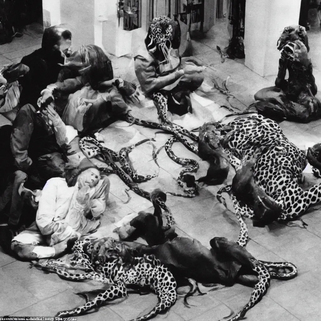 Prompt: a snapshot of a married couple, in uk 1 9 8 4, sit on the floor. their heads are being slowly consumed by a ravenous squid cheetah hybrid called frank. a priest oversees the proceedings with a waxy silky curtain around his massive belly.