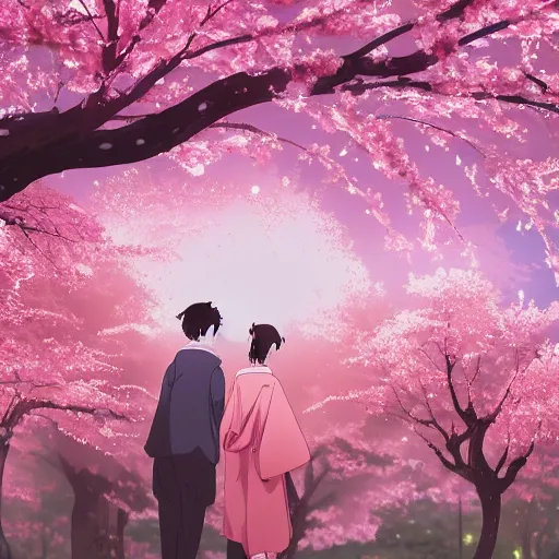Prompt: aromatic pink sakura trees in the soft light of the moon, an anime scene of a young couple under the trees, in a traditional Japanese setting, art by Vivi Ornitier, otaku, weeb, weeaboo, Japan, Cherry blossoms, sakura