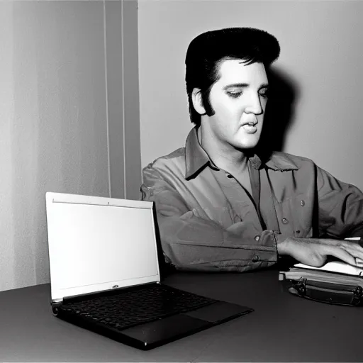 Prompt: Elvis Presley playing minecraft on his laptop, 30mm lens,