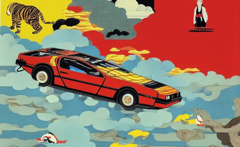 Prompt: a red delorean and a yellow tiger, painting by hsiao - ron cheng, utagawa kunisada & salvador dali, magazine collage style, clouds, water,