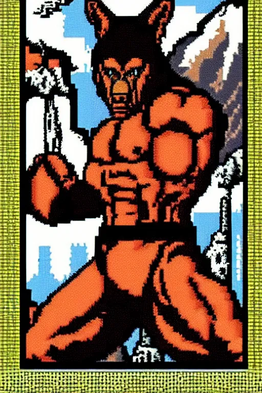 Image similar to extreme long shot. 8 bit nes graphics. hermann nitschantropomorphic muscular masculine wolf. kickboxer fighter, in shorts. wolf head. art from nes game cartridge,