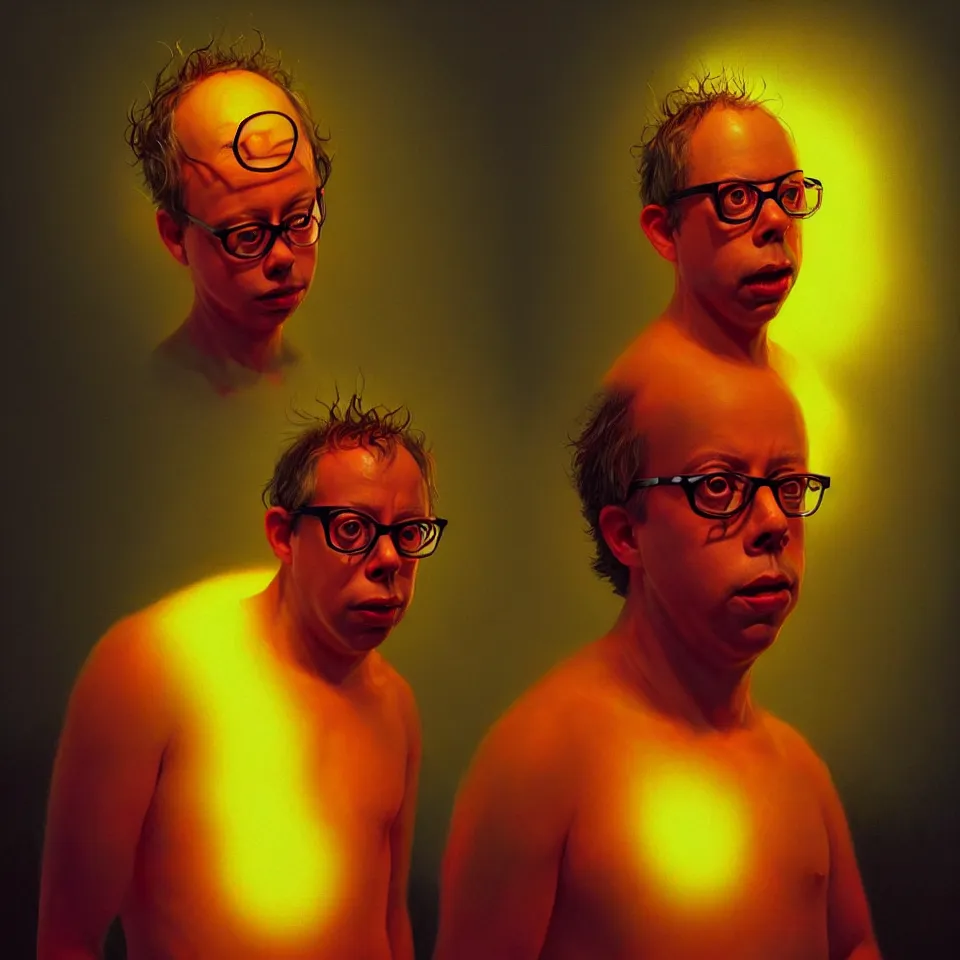 Image similar to bright realistic todd solondz turning into god and satan, diffuse lighting, fantasy, intricate, elegant, highly detailed, lifelike, photorealistic, digital painting, artstation, illustration, concept art, smooth, sharp focus, art by francis bacon