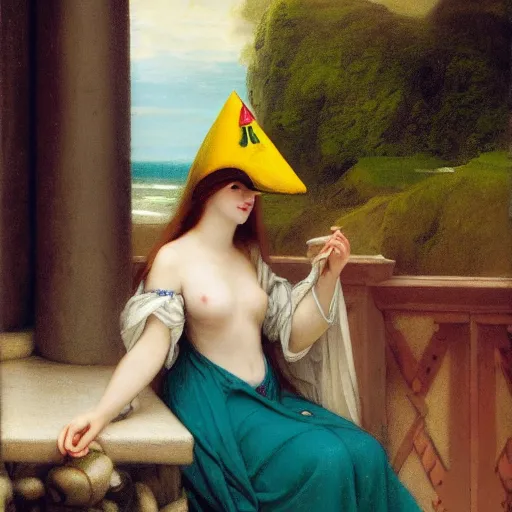 Prompt: A girl with jester hat and clothes on the front of a Balustrade with a beach on the background, major arcana cards, by paul delaroche, hyperrealistic 8k, very detailed