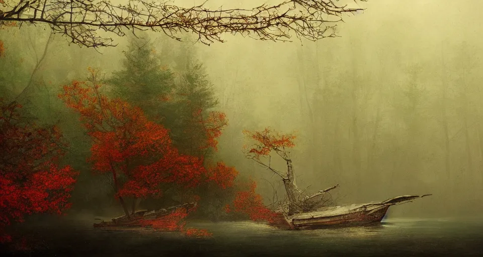 Prompt: an old broken sailing ship in an autumn forest, green and red tones, by Aron Wiesenfeld and beksincki, cinematic, detailed illustration, nature, fog, dark colors, suspense, intricate, 8k