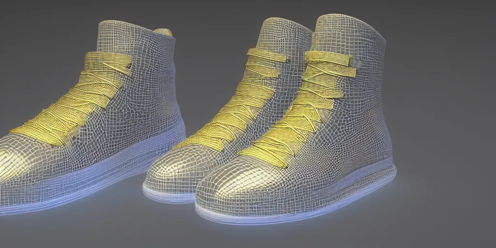 Image similar to one wire mesh high - top sneaker with neon illuminated soles on a grey surface, clean 3 d render, beautiful studio lighting, soft, sharp focus, cyberpunk, intricate detail, gold filigree, art by iris van herpen and syd mead and rodin