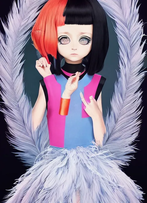 Image similar to little girl with an eccentric haircut wearing an dress made of feathers, artwork made by ilya kuvshinov and hirohiko araki, full character