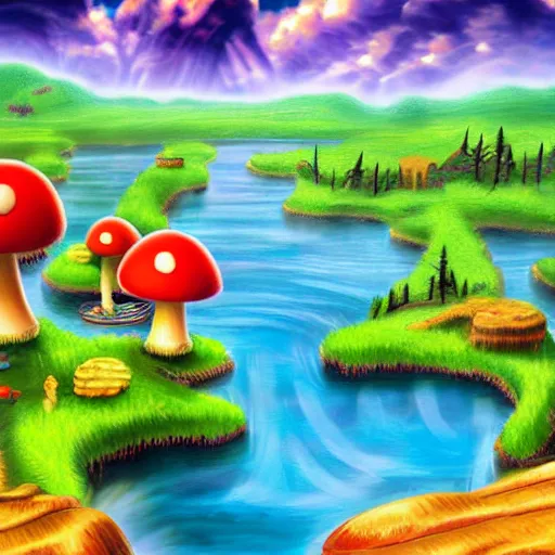 Prompt: the mushroom kingdom, photorealistic, landscape, cinematic, beautiful, colorful