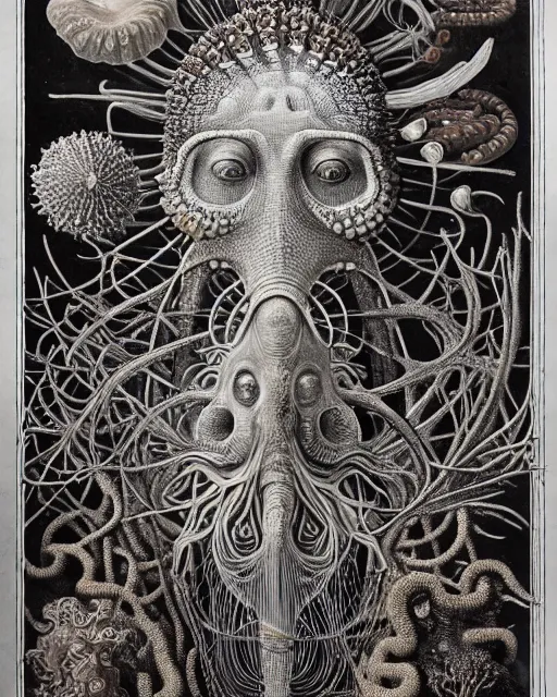 Image similar to hyperrealistic detailed underwater face portrait of the beautiful god of the fish with an intricate headgear of corals, sea kelp, sea plants, fish, starfish, jellyfish, art by ernst haeckel, hieronymus bosch, james jean, gothic, neo - gothic, ornamental, beautiful deep colours,