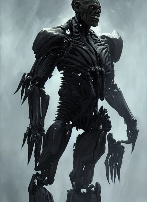 Image similar to willem dafoe as victor stone, full body concept, cyborg, borg, strogg, face of a man, terminator, flesh, quake strogg, doom demon, wolfenstein, monstrous, powerful, symmetry, symmetrical, concept art by ruan jia and greg rutkowski