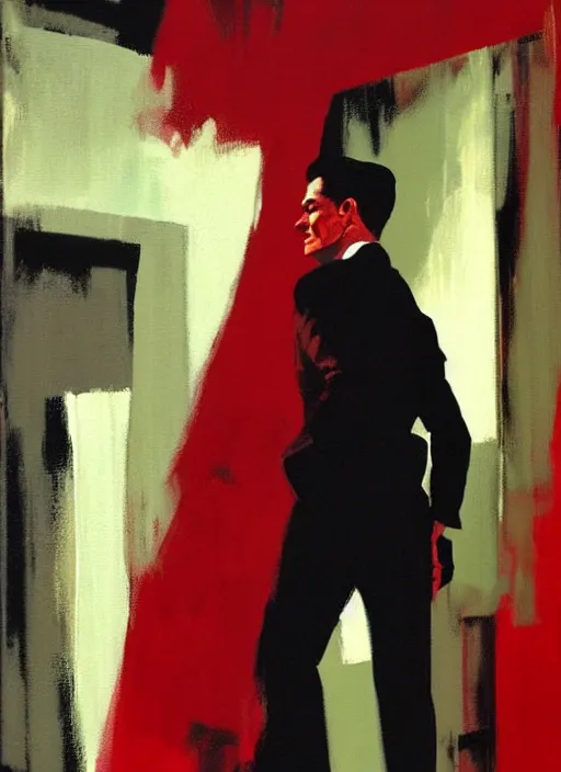 Prompt: agent dale cooper, red curtains, mysterious!! painting by phil hale, 'action lines'!!!, graphic style, visible brushstrokes, motion blur, blurry