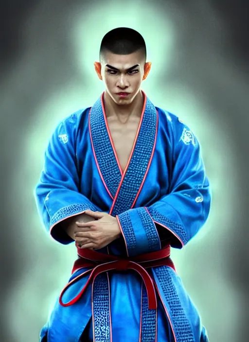 Prompt: male martial artist with a mostly shaved head and a high ponytail!!! asian facial features and blue eyes!! intricate ornate blue robes!! character concept art, sharp focus, octane render! unreal engine 5! highly rendered!! trending on artstation!! detailed linework!! illustration by artgerm, wlop, and chie yoshii