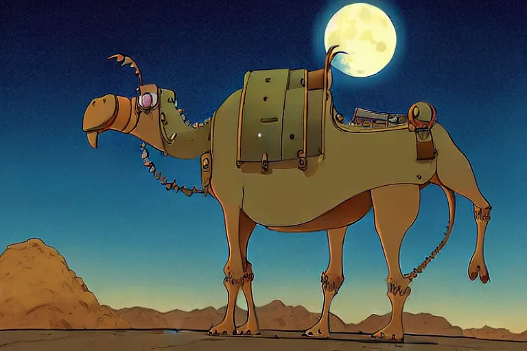 Image similar to a cell shaded cartoon of a lovecraftian mechanized camel from howl's moving castle ( 2 0 0 4 ), on a desert road, in front of a full moon, full body, wide shot, very muted colors, post grunge, studio ghibli, laurie greasley, highly detailed, deviantart, art by artgem