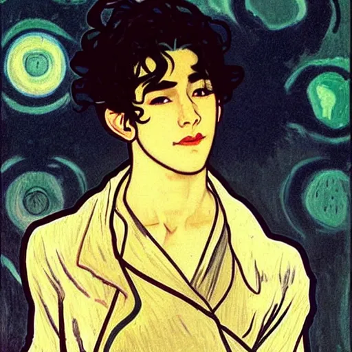 Image similar to painting of young cute handsome beautiful dark medium wavy hair man in his 2 0 s named shadow taehyung and cute handsome beautiful min - jun together at the halloween! party, bubbling cauldron!, candles!, smoke, autumn! colors, elegant, wearing suits!, delicate facial features, art by alphonse mucha, vincent van gogh, egon schiele