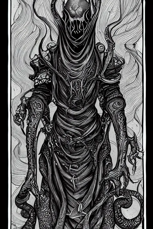 Prompt: illithid warlock, black ink on paper, trending on artstation, beautiful, intricate, detailed