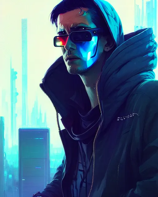 Image similar to cyberpunk synth, hyper - realistic detailed portrait of a man in a hoodie, digital painting, by artgem, by atey ghailan, by greg rutkowski, by greg tocchini, by james gilleard, by joe fenton, by kaethe butcher, sharp focus