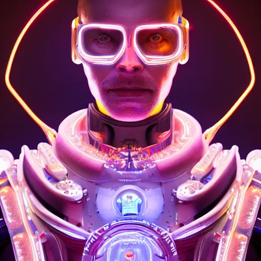 Prompt: centered symmetrical portrait of a persian cyberpunk cyborg surgeon with glowing cybernetics, hyperdetailed, digital painting, trending on Artstation, cel-shading style, CG society, hyperdetailed, digital painting, hypermaximalist, golden ratio, volumetric, octane render, weta digital, micro details, 3d sculpture
