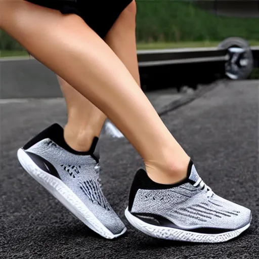 Prompt: cushioned running shoe heel striking the ground with huge force