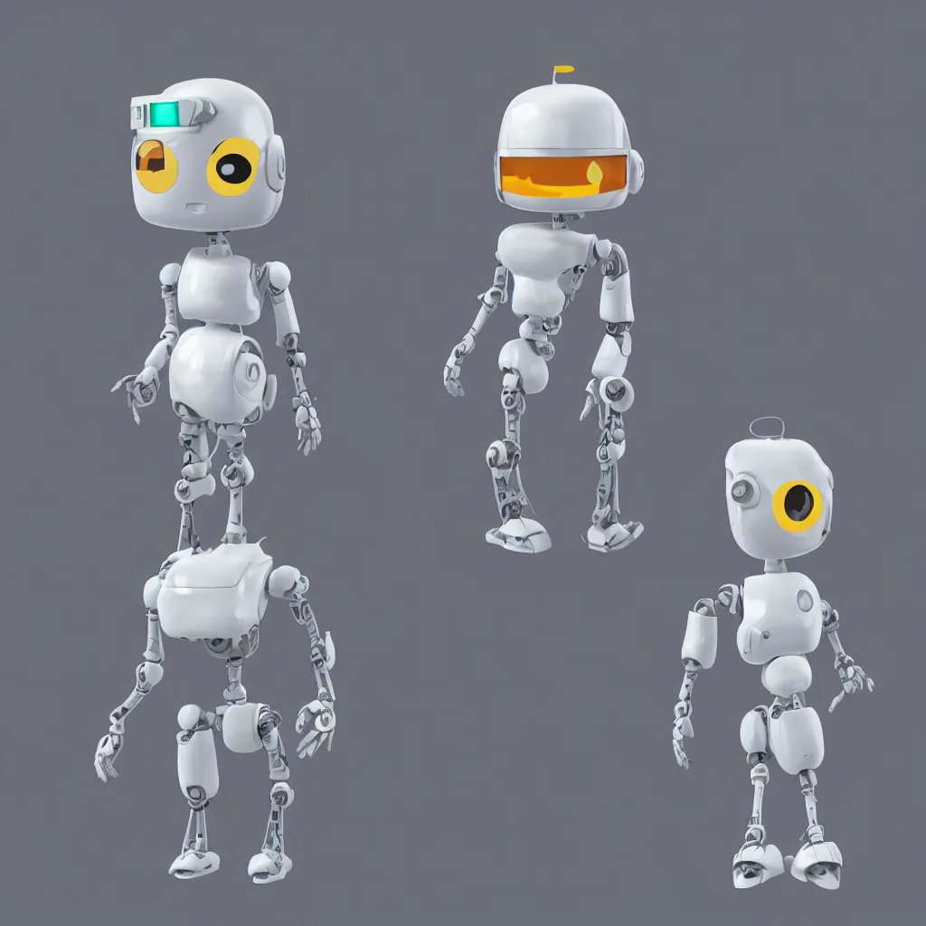 Prompt: aesthetic cute emoji character of a ( robot ). cute style, 3 d render with light shading, specular, white background. high quality