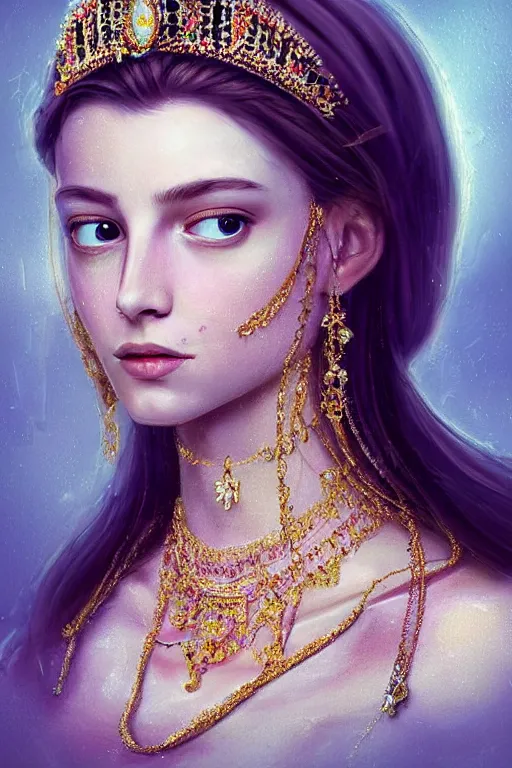 Image similar to beautiful very detailed portrait of a young princess with lots of jewelry in the face, full body, in the background there is a minimalistic palace, digital art , dramatic cinematic lighting rendered by octane, 8k, detailed, intricate, clean and textures, trending on artstation, treanding on deviantart, trending on cgsociety, pinterest, by Lauren Brevner