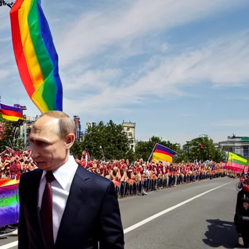 Image similar to photo of vladimir putin leading the gay pride parade, depth of field