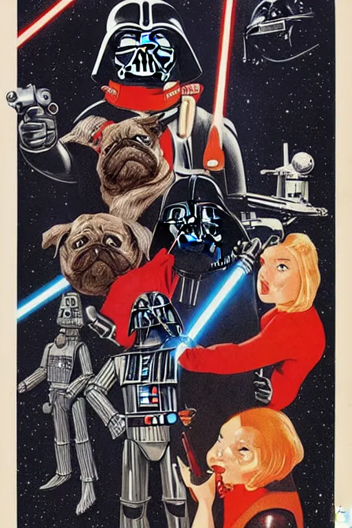 Image similar to vintage star wars movie poster by tom jung, with pugs droids and pug darth vader, film art gallery