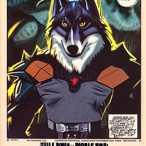 Image similar to 1 9 8 0 s comic book cover scan featuring a portrait of villain male wolf o'donnell anthropomorphic wolf furry fursona from starfox wearing a dark space mercenary uniform, dark grey wolf, handsome eyes, wolf o'donnell