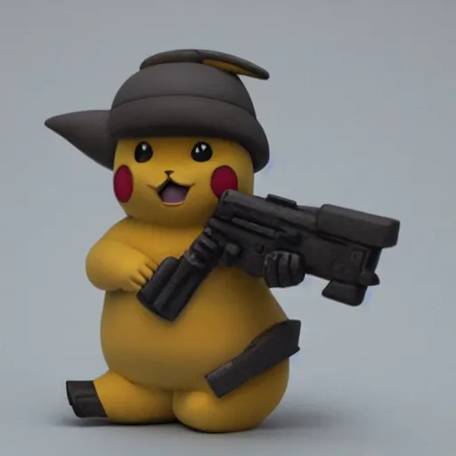 Image similar to pikachu holding a gun, clay sculpture, 33mm, high res photo