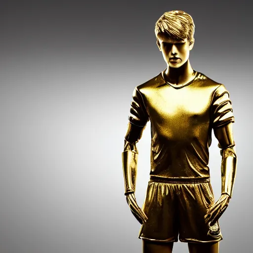 Prompt: a realistic detailed photo of a guy who is an attractive humanoid who is half robot and half humanoid, who is a male android, soccer player martin ødegaard, shiny skin, posing like a statue, blank stare, in a living room, on display, showing off his muscles, gold soccer shorts, side view