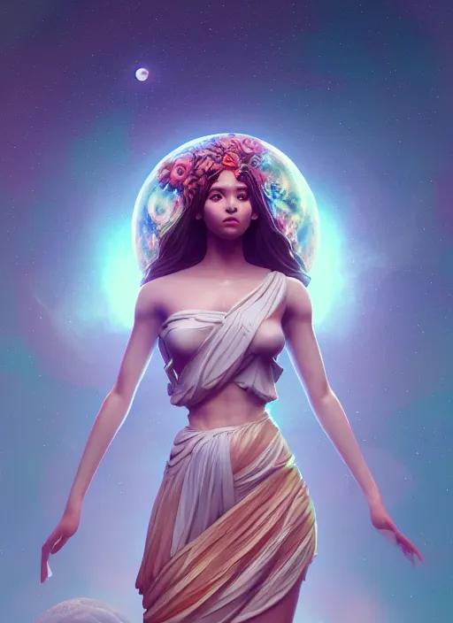 Prompt: a beautiful goddesses, full body, planets, sky, dream, highly detailed, digital painting, refreshing, trending on artstation, octane render, illustration by james jean