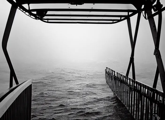 Prompt: Inside the bridge of a ship in a severe storm, emergency