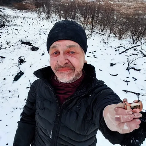 Prompt: last selfie of last alive ukrainian very damaged body to bones running from nuclear explosion, dead bodies on the ground, black snow, 2 0 2 2