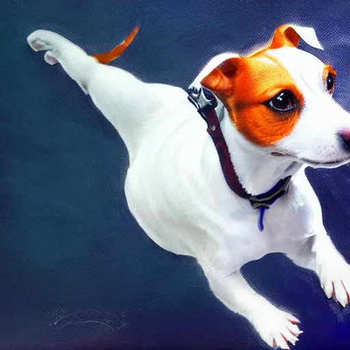 Image similar to absolutely white jack russell terrier broken, flying in space in a helmet, photorealism, digital painting, super quality, 4 k