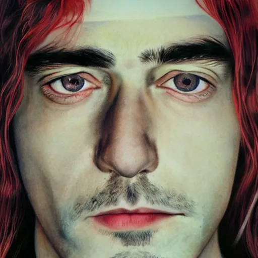 Image similar to colour masterpiece surreal closeup portrait photography of kurt cobain by miho hirano and annie leibovitz and michael cheval, pop art background, 8 k