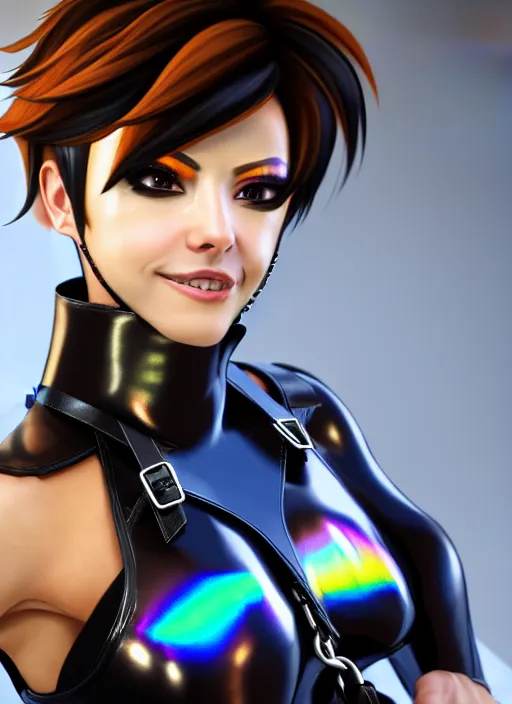 Image similar to hyperrealistic style portrait of tracer overwatch, confident pose, wearing black iridescent rainbow latex, 4 k, expressive happy smug expression, makeup, in style of mark arian, wearing detailed black leather collar, wearing sleek armor, black leather harness, expressive detailed face and eyes,