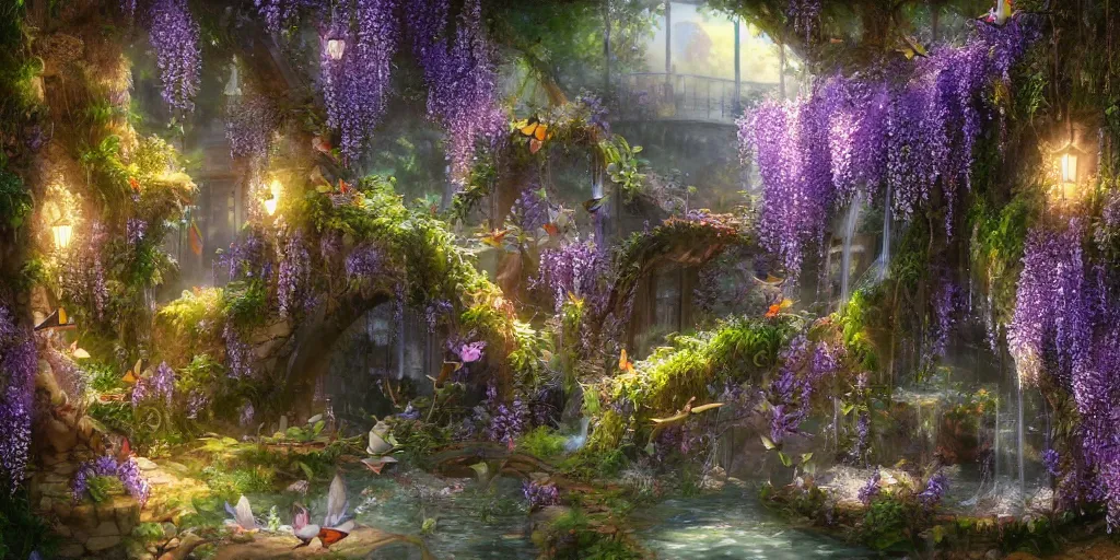 Prompt: secret garden with glass cover, birds and butterflies, wisteria waterfall ， fairy tale, evening lights, highly detailed, low angle view, artstation, mysterious, comfort, in the style of aetherpunk