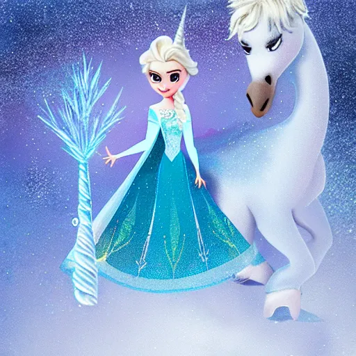 Prompt: Elsa from Frozen as real cute girl photorealistic style riding on snow unicorn