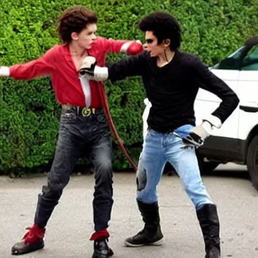 Image similar to tom holland fighting michael jackson with a chainsaw