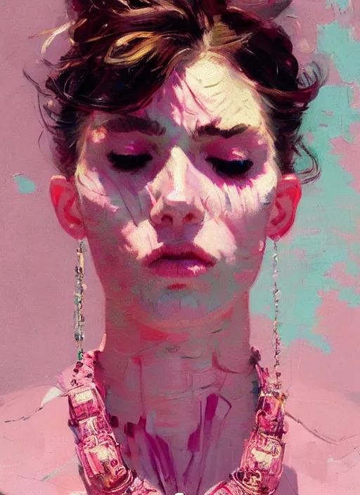 Image similar to portrait of a beautiful girl, necklace, eyes closed, open mouth, shades of pink, beautiful face, rule of thirds, intricate outfit, spotlight, by greg rutkowski, by jeremy mann, by francoise nielly, by van gogh, digital painting