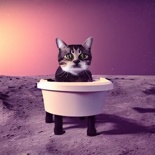 Prompt: a cat stuck in a washing machine on the moon, cinematic lightning, 8k, octane render,