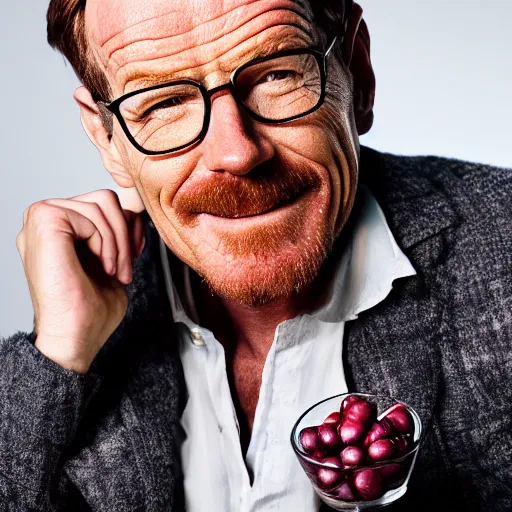 Image similar to closeup portrait of bryan cranston happy face surrounded by cranberries, food photography, natural light, sharp, detailed face, magazine, press, photo, steve mccurry, david lazar, canon, nikon, focus